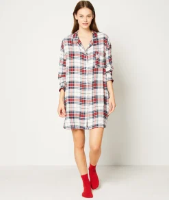 Etam Chemise de nuit courte manches longues à careaux ECRU Shop