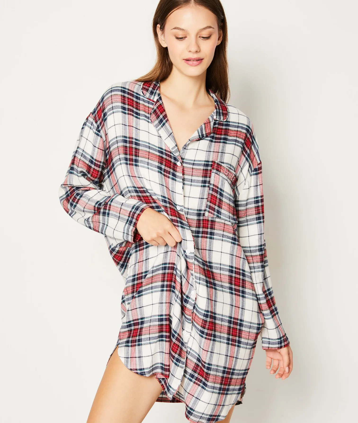 Etam Chemise de nuit courte manches longues à careaux ECRU Shop