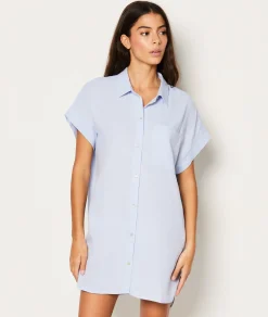 Etam Chemise de nuit manches courtes en lin BLEU Hot