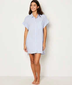 Etam Chemise de nuit manches courtes en lin BLEU Hot