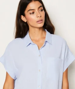 Etam Chemise de nuit manches courtes en lin BLEU Hot