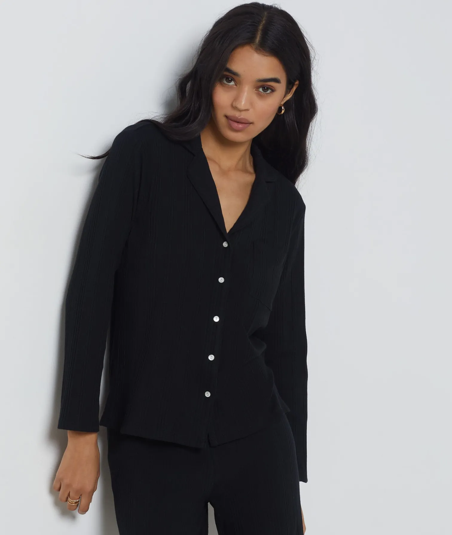 Etam Chemise de pyjama en maille côtelée Richelieu NOIR Outlet