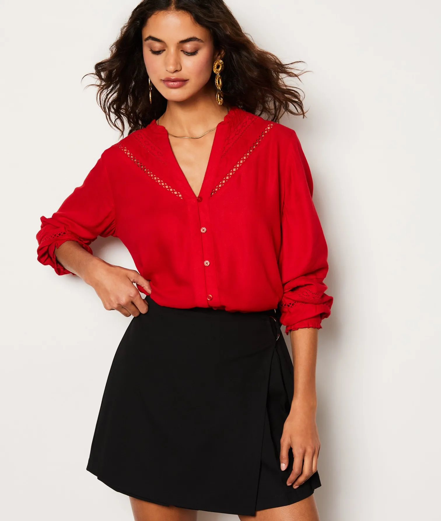 Etam Chemise fluide boutonnée brodée ROUGE Sale