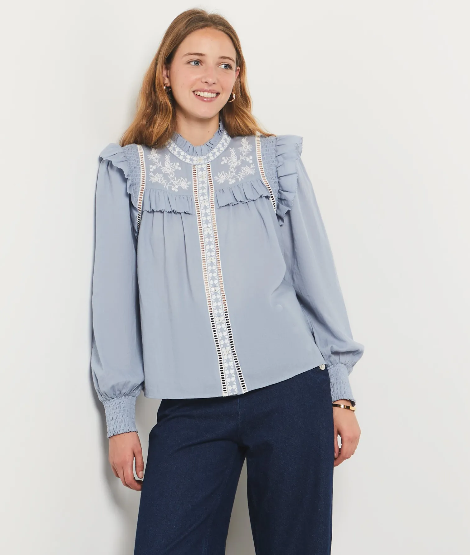 Etam Embroidered Buttoned Shirt SKYBLUE Best Sale