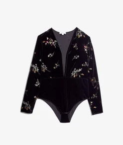 Etam Embroidered Velvet Bodysuit BLACK Hot
