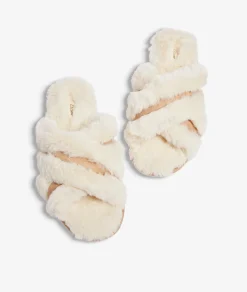 Etam Fur Mules Slippers ECRU Clearance