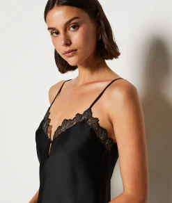 Etam Lace Neckline Satin Camisole BLACK New