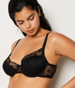 Etam Lightly Lined Demi Bra with Embroidery BLACK New