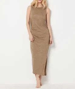 Etam Long dress with slit, 100% linen. KHAKI Flash Sale