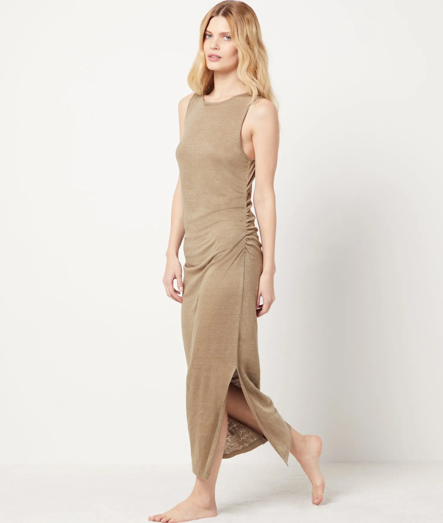 Etam Long dress with slit, 100% linen. KHAKI Flash Sale