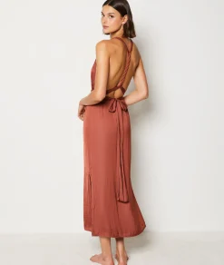 Etam Long Satin Nightdress with Tie Belt Brown Best