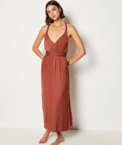 Etam Long Satin Nightdress with Tie Belt Brown Best