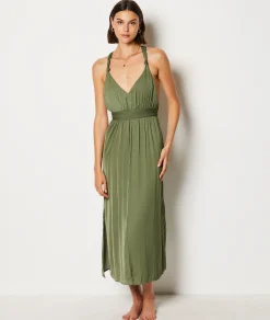 Etam Long Satin Nightdress with Tie Belt KHAKI Fashion