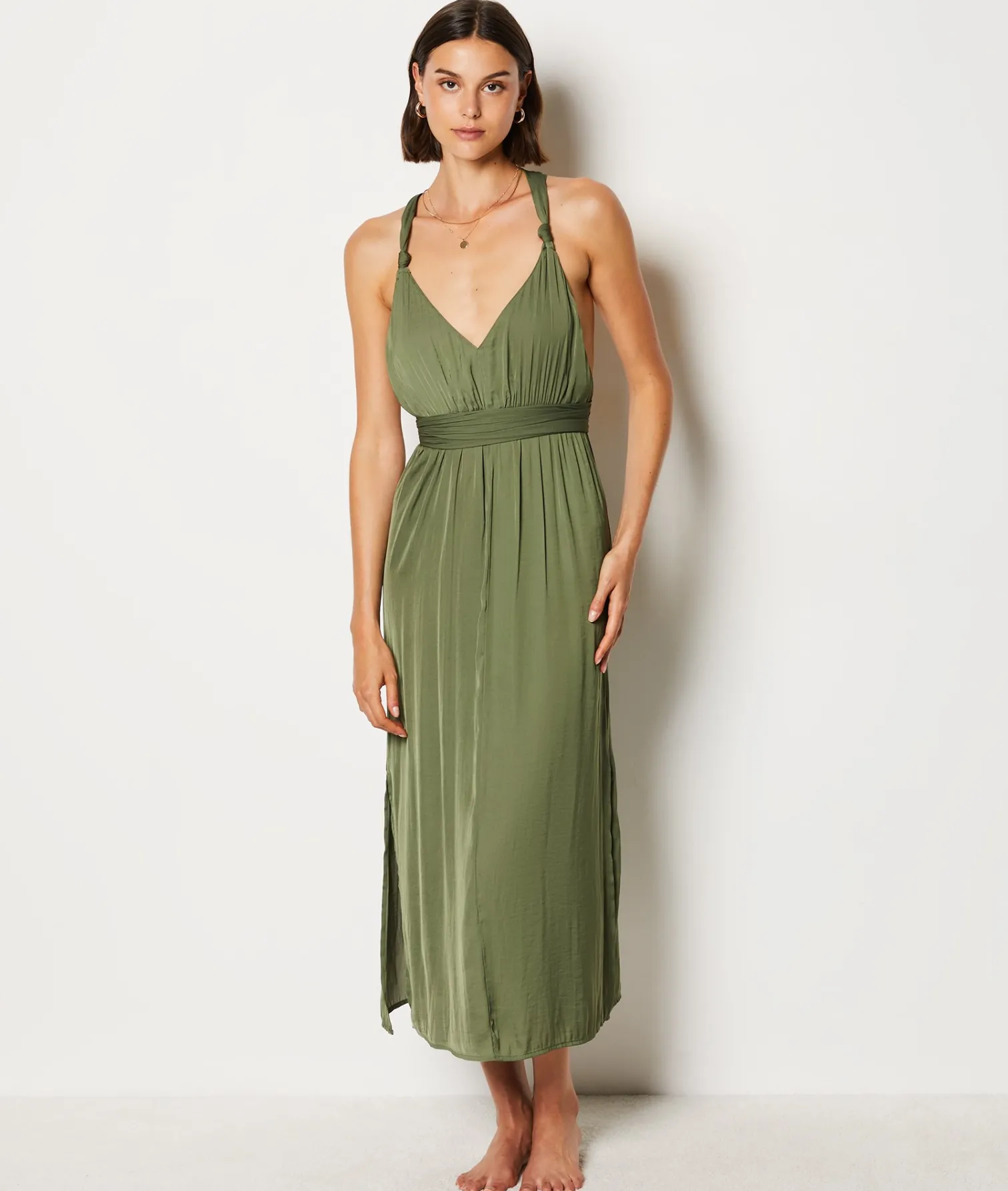 Etam Long Satin Nightdress with Tie Belt KHAKI Fashion