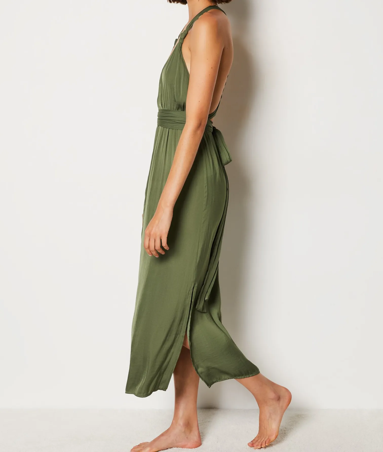 Etam Long Satin Nightdress with Tie Belt KHAKI Fashion