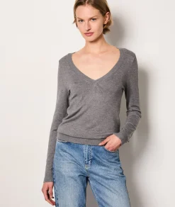 Etam Long Sleeve V-Neck Sweater GRIS Cheap