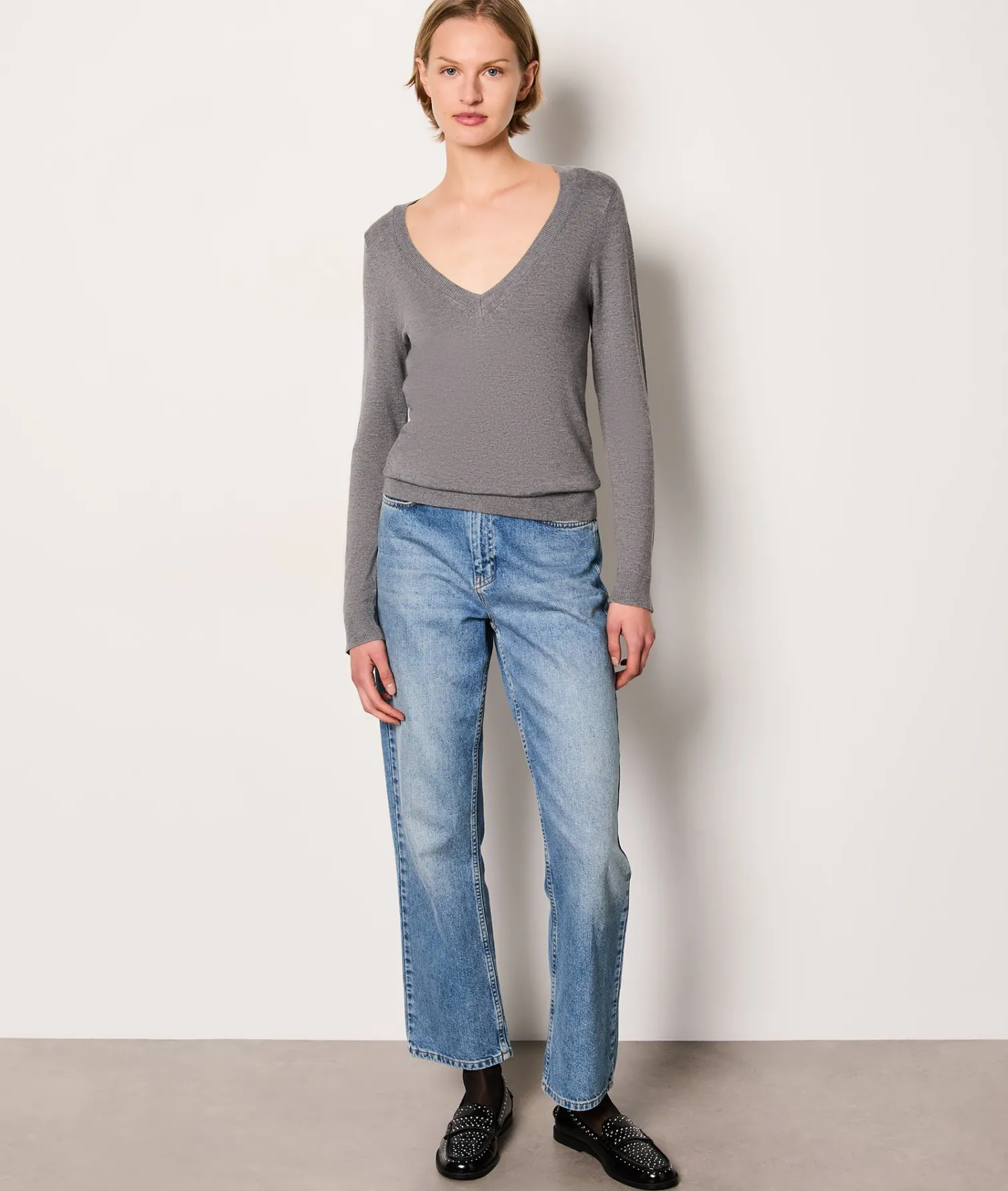 Etam Long Sleeve V-Neck Sweater GRIS Cheap