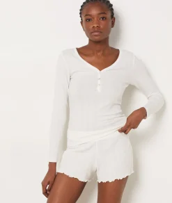 Etam Long-sleeved T-shirt in Richelieu ribbed knit WHITE Cheap