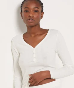 Etam Long-sleeved T-shirt in Richelieu ribbed knit WHITE Cheap