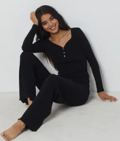Etam Long-sleeved T-shirt in Richelieu ribbed knit BLACK Fashion