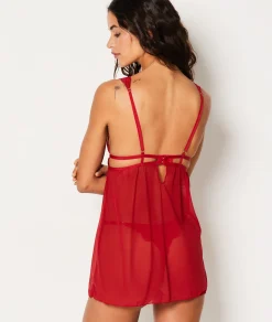 Etam Nuisette courte transparente décolleté dentelle ROUGE Cheap