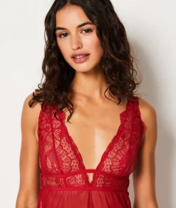 Etam Nuisette courte transparente décolleté dentelle ROUGE Cheap
