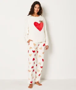 Etam Pantalon de pyjama polaire à cœurs ECRU Best Sale
