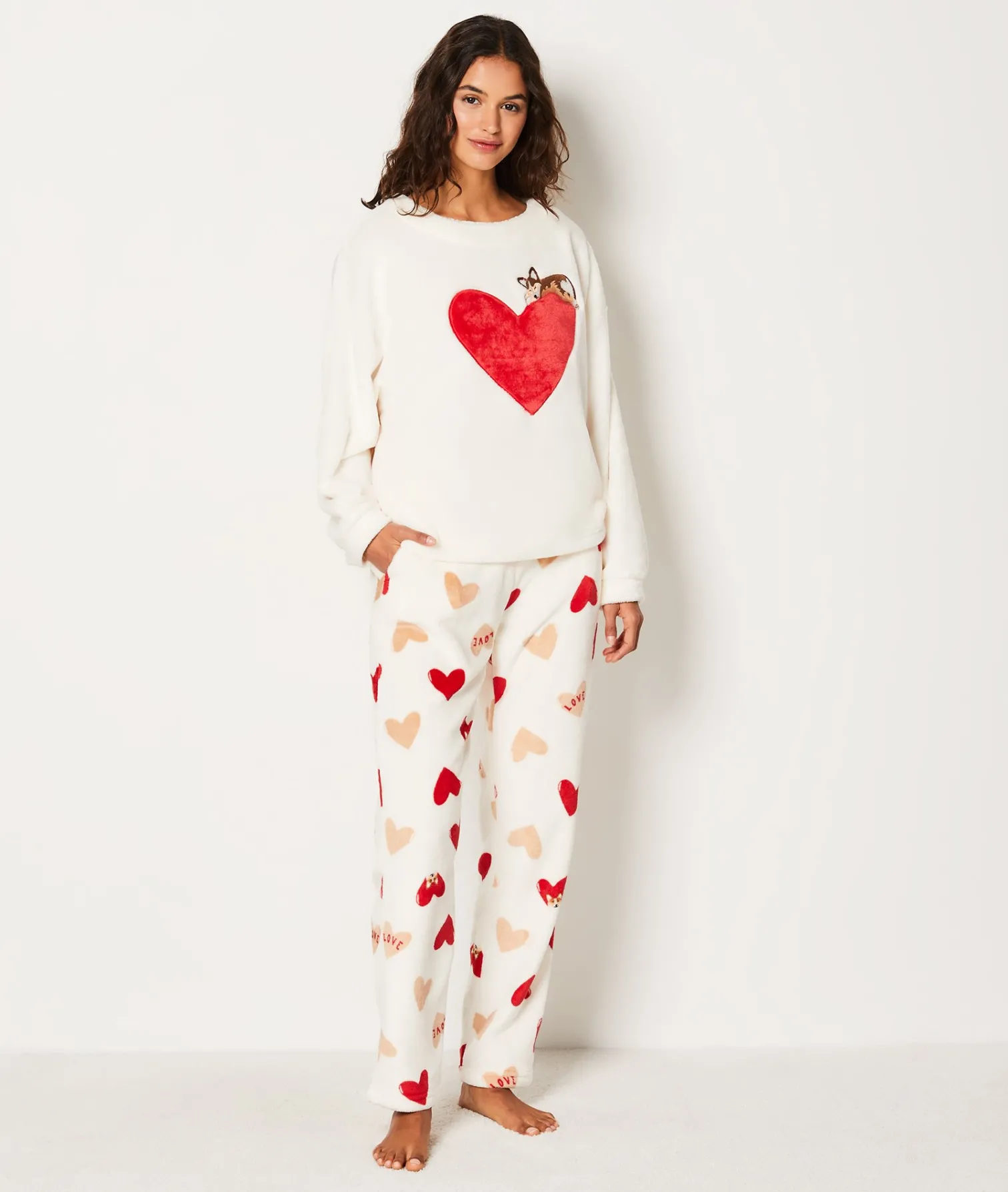 Etam Pantalon de pyjama polaire à cœurs ECRU Best Sale
