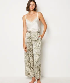 Etam Patterned Satin Pyjama Trousers GREENBACKGROUNDPRINT Store