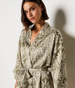 Etam Patterned Short Satin Robe GREENBACKGROUNDPRINT Best Sale