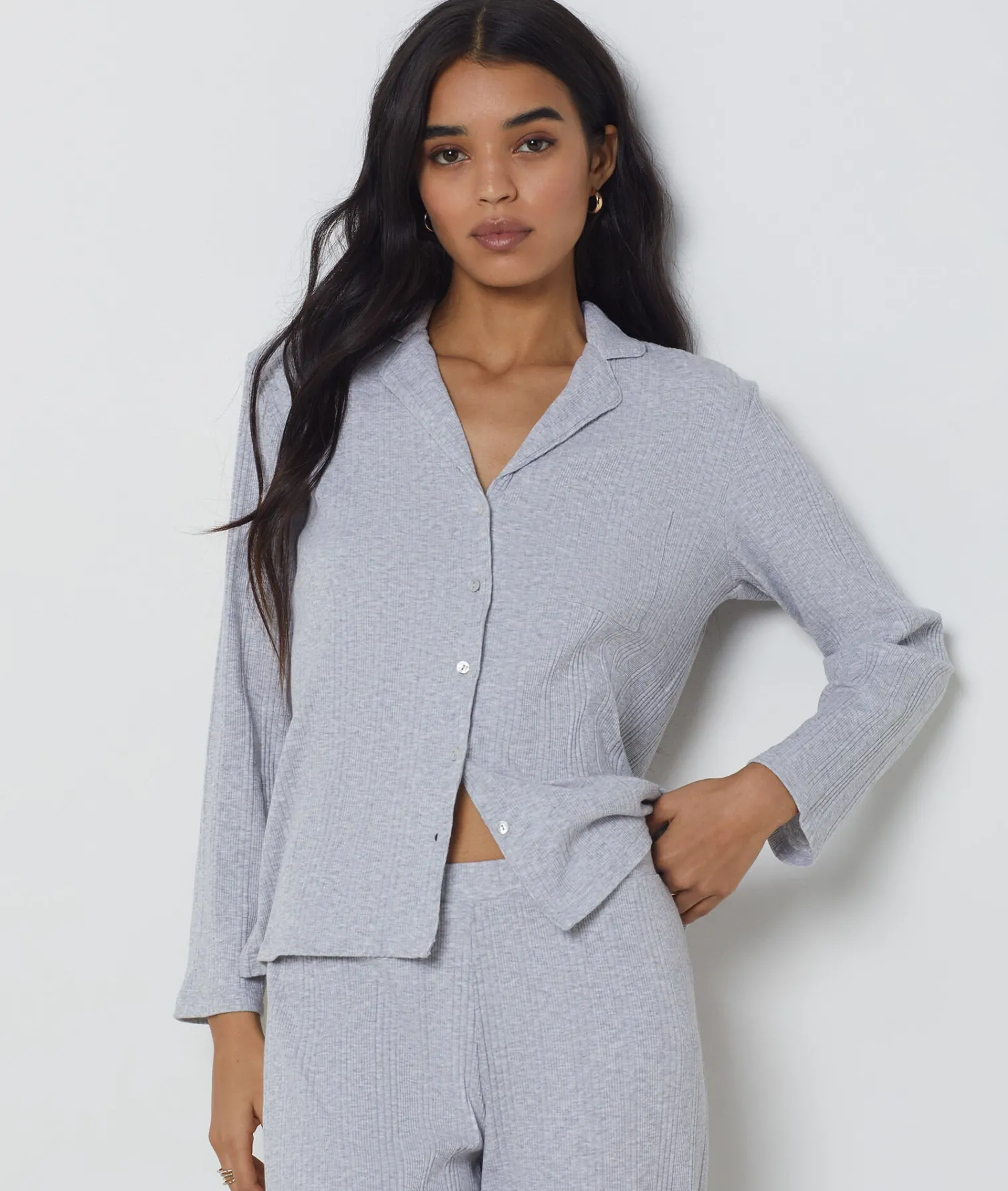 Etam Richelieu Ribbed Knit Pyjama Shirt LIGHTGREY Flash Sale