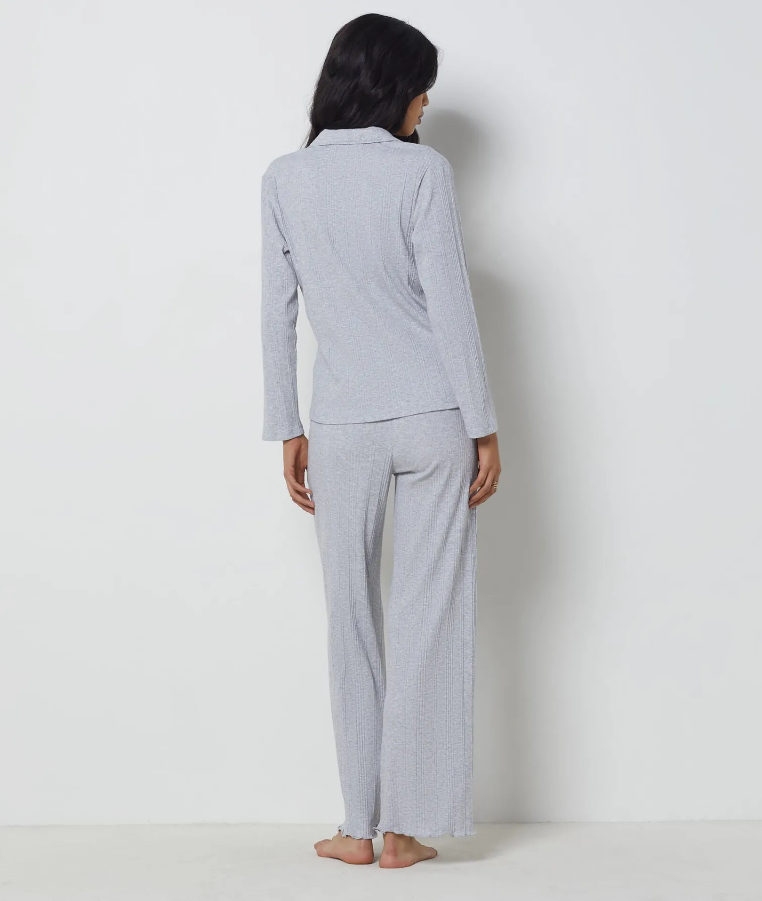 Etam Richelieu Ribbed Knit Pyjama Shirt LIGHTGREY Flash Sale