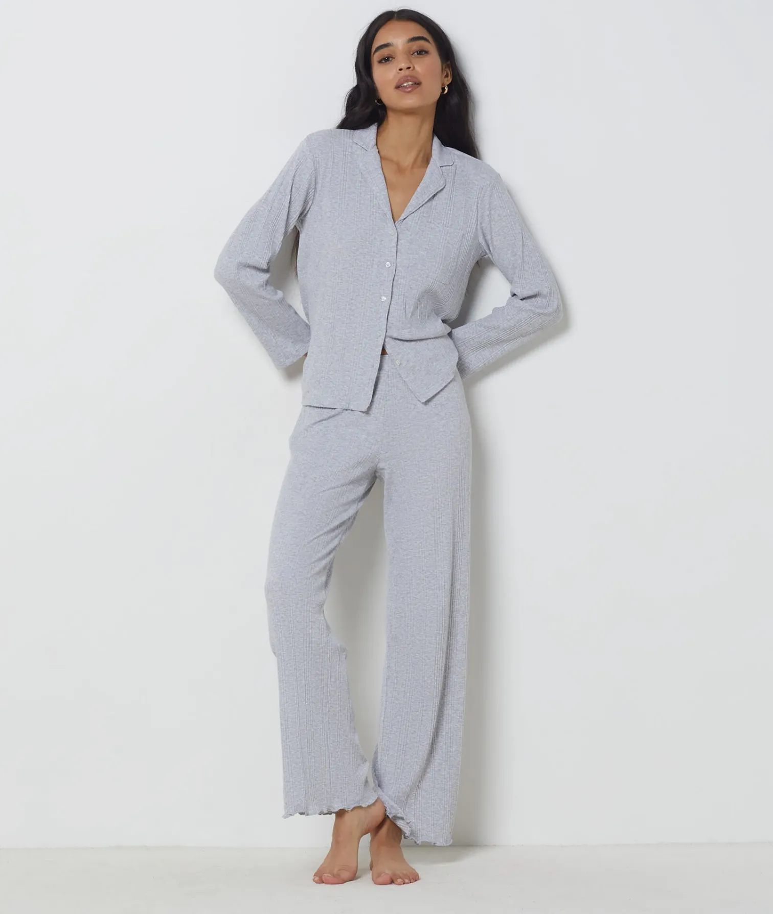 Etam Richelieu Ribbed Knit Pyjama Shirt LIGHTGREY Flash Sale