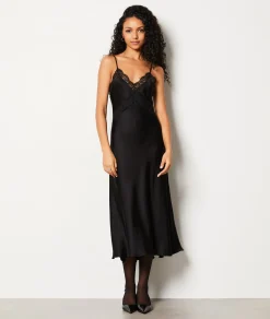 Etam Robe longue en satin décolleté en dentelle NOIR Cheap