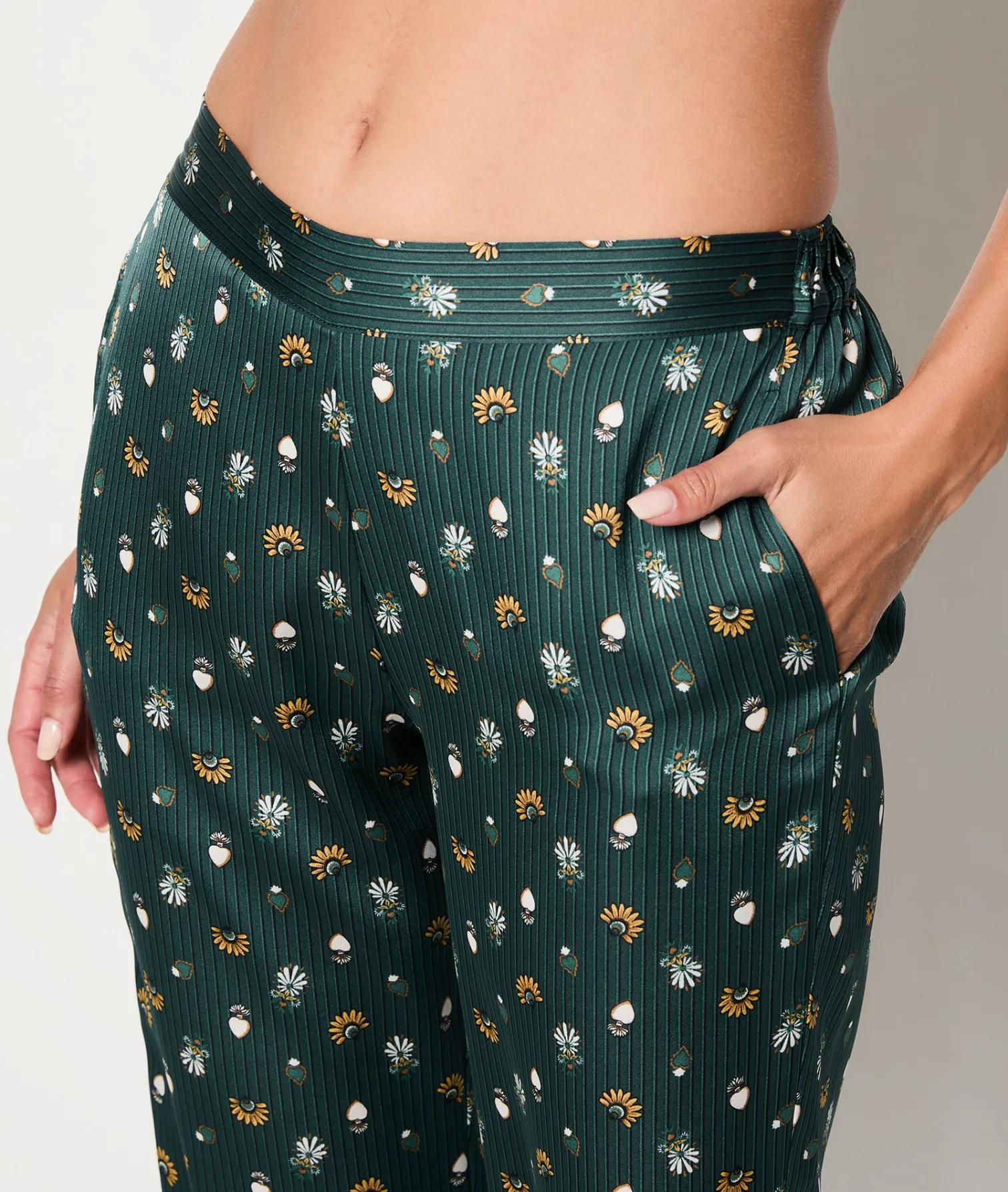 Etam Satin Patterned Pyjama Trousers GREENBACKGROUNDPRINT Fashion