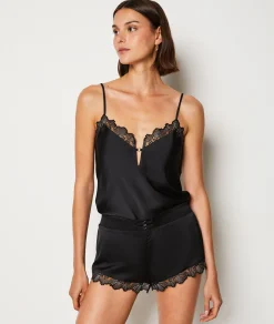 Etam Satin Pyjama Shorts with Lace Details BLACK Clearance