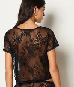 Etam Short-sleeved Lace T-shirt BLACK Flash Sale