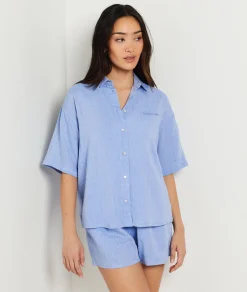 Etam Short-sleeved pyjama shirt in blended linen SKYBLUE Hot