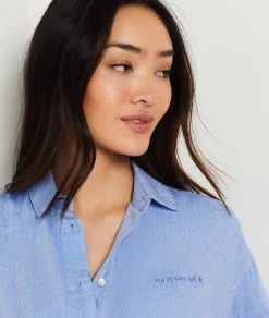 Etam Short-sleeved pyjama shirt in blended linen SKYBLUE Hot