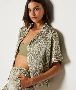 Etam Short-sleeved Satin Pyjama Shirt GREENBACKGROUNDPRINT Best Sale
