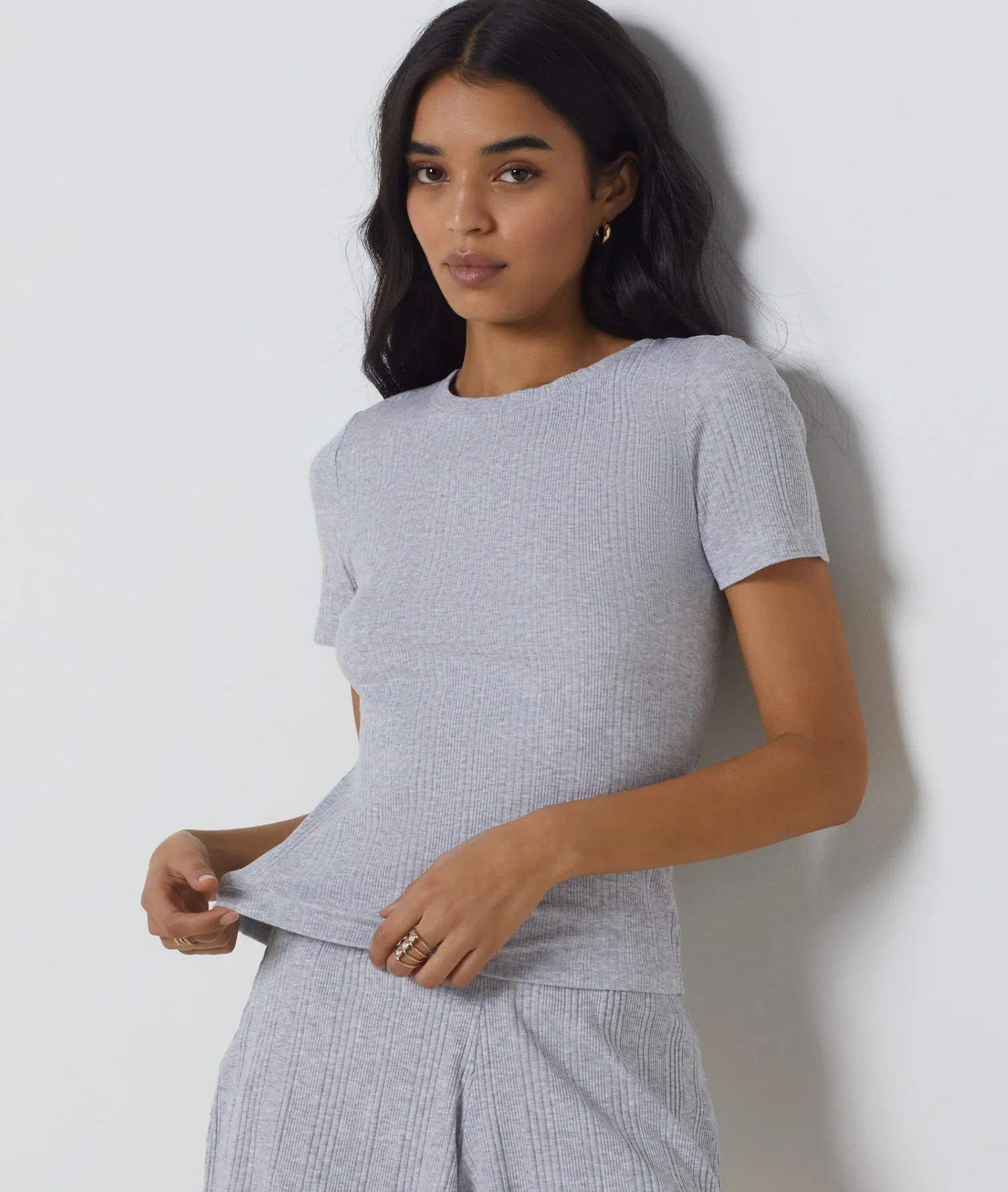Etam Short-sleeved T-shirt in Richelieu ribbed knit. LIGHTGREY Sale