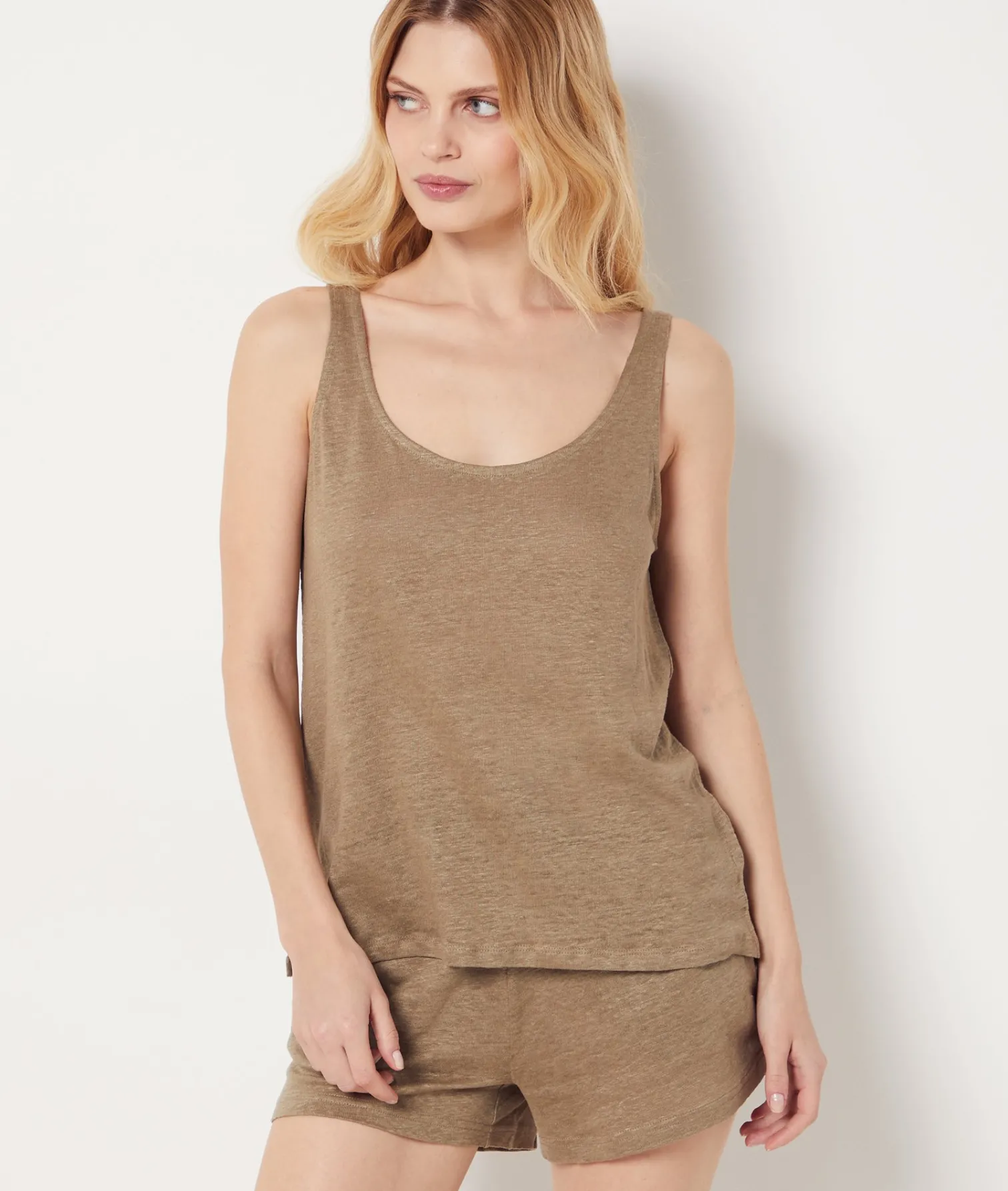 Etam Tank Top 100% Linen KHAKI Flash Sale