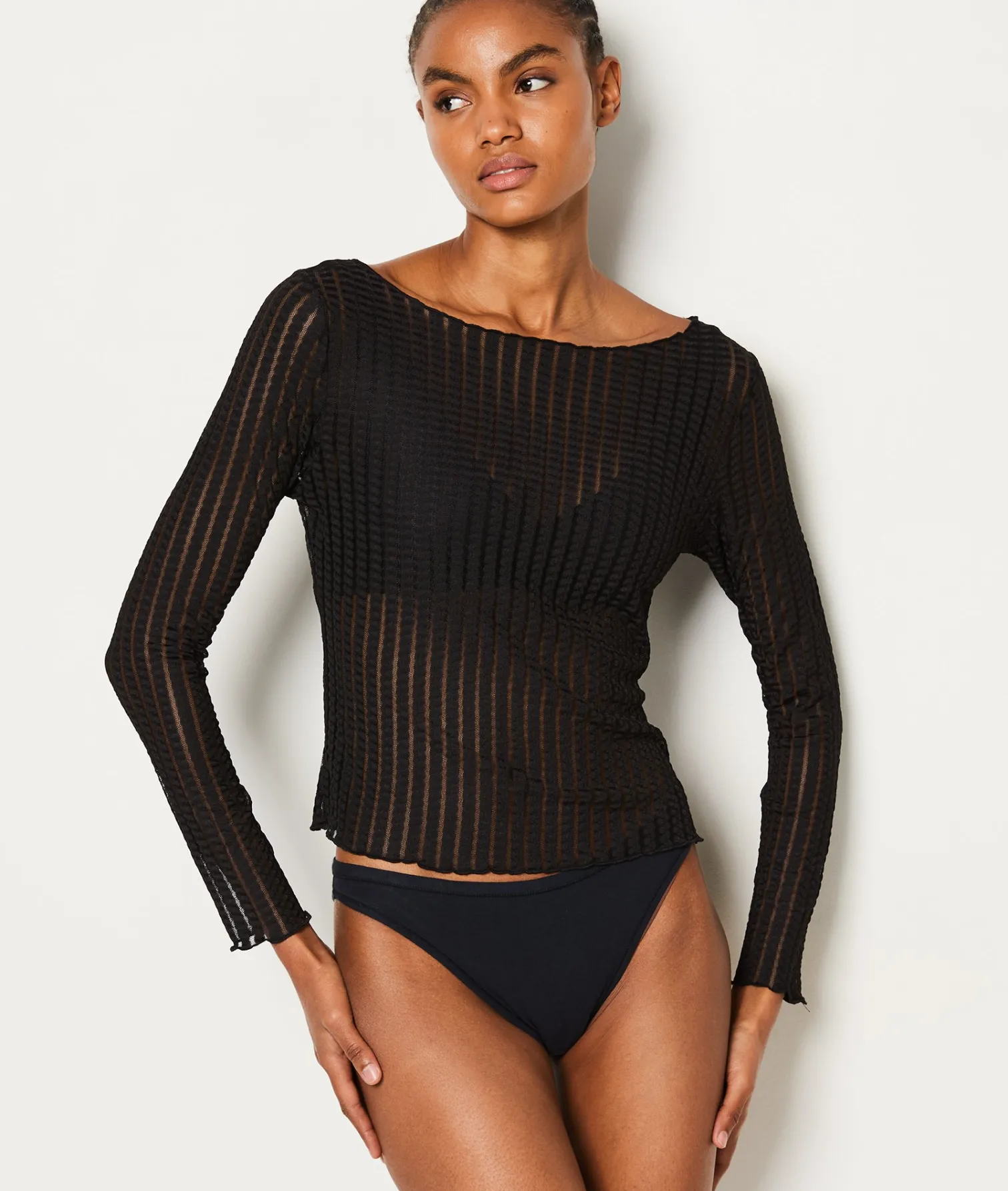 Etam Top manches longues rayures transparentes NOIR Hot