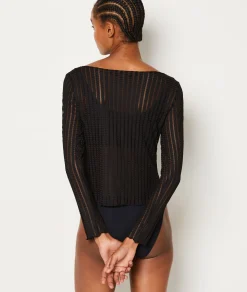Etam Top manches longues rayures transparentes NOIR Hot