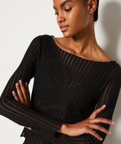 Etam Top manches longues rayures transparentes NOIR Hot