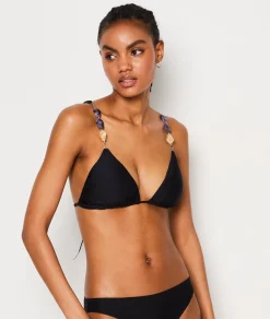 Etam Triangle Beaded Detail Satin Bikini Top BLACK Outlet
