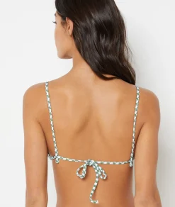 Etam Triangle Bikini Top with Patterned Ring Detail GREENBACKGROUNDPRINT Outlet