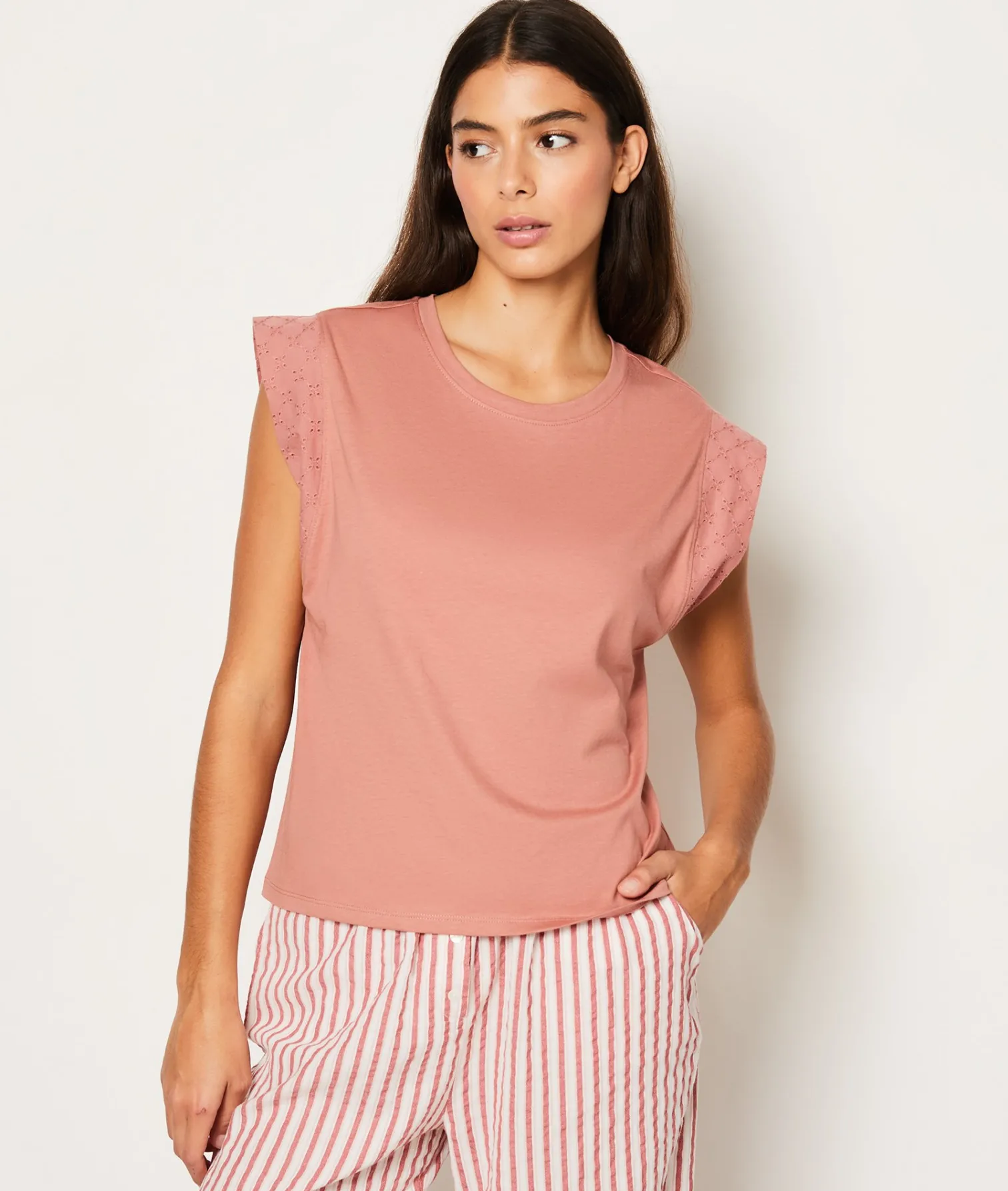 Etam T-shirt de pyjama en coton détail broderie ROSEPOUDRE Fashion
