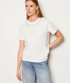 Etam T-shirt manches courtes en coton col pailleté ECRU Best