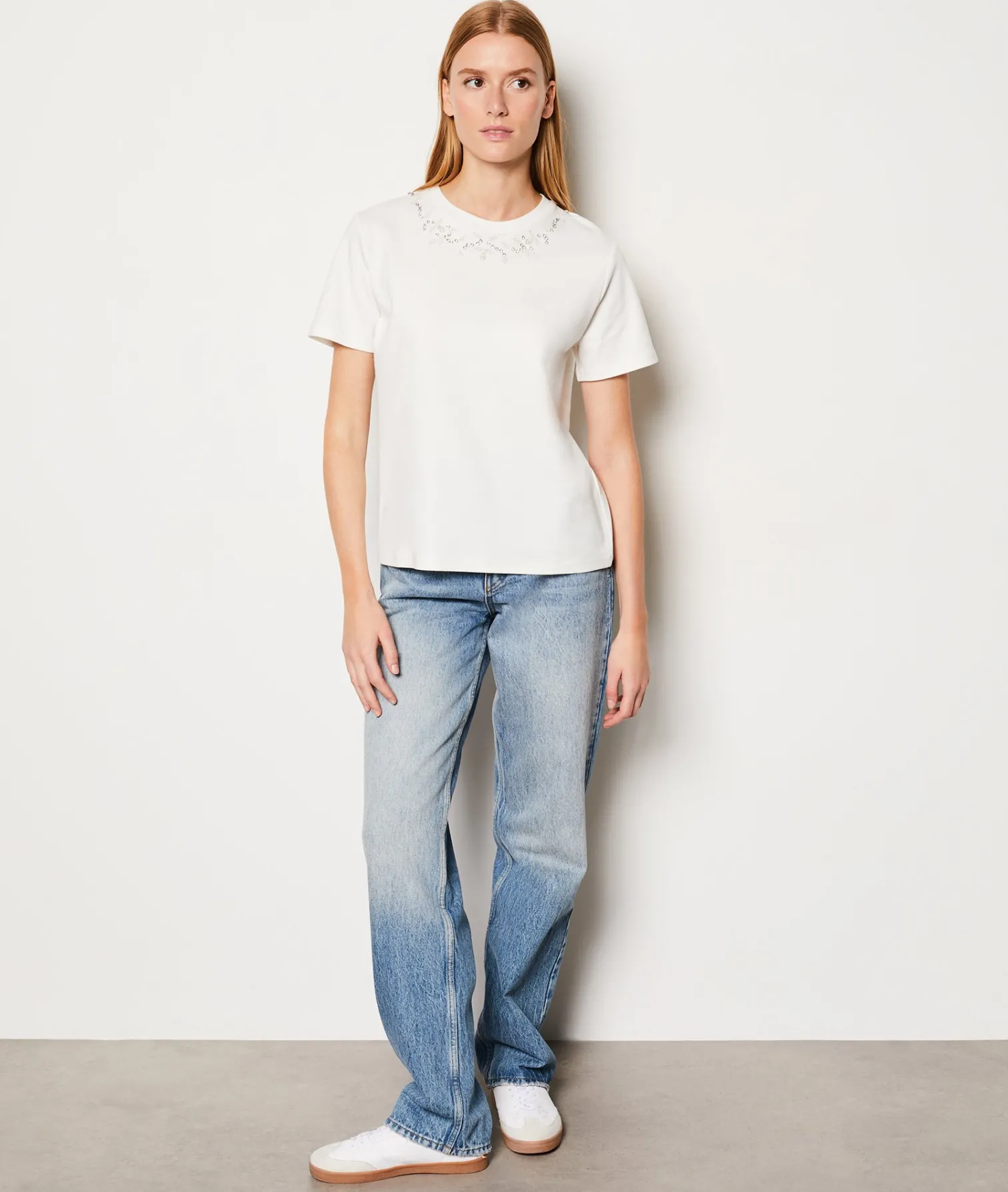 Etam T-shirt manches courtes en coton col pailleté ECRU Best